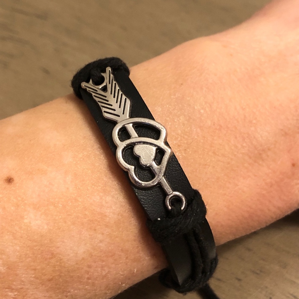 Black Synthetic Leather Bracelet with Silver Tone Heart Arrow Charm